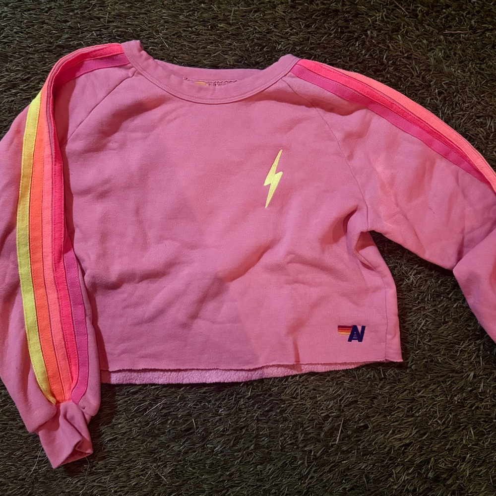 Aviator Nation - Cropped Pink Lightning Bolt Sweatshirt - GUC